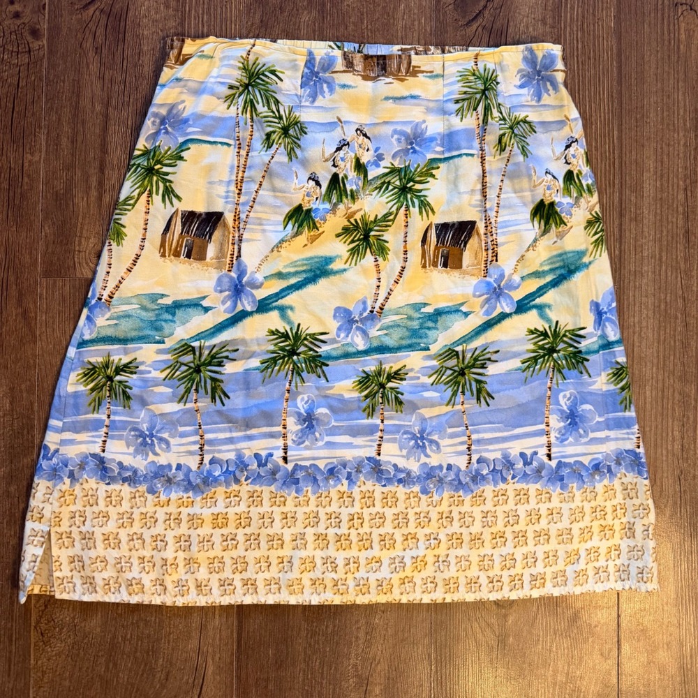 Sgt Leisure Hawaii Skirt Blue Yellow Tropical Hula Palm Rayon Tiki Island Large